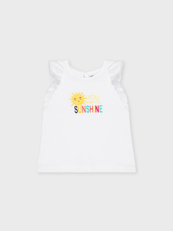 T-shirt blanc été, manches volantées, pour bébés filles, boutique de vêtements pour enfants à Saint Martin en Haut, dans les Monts du Lyonnais.