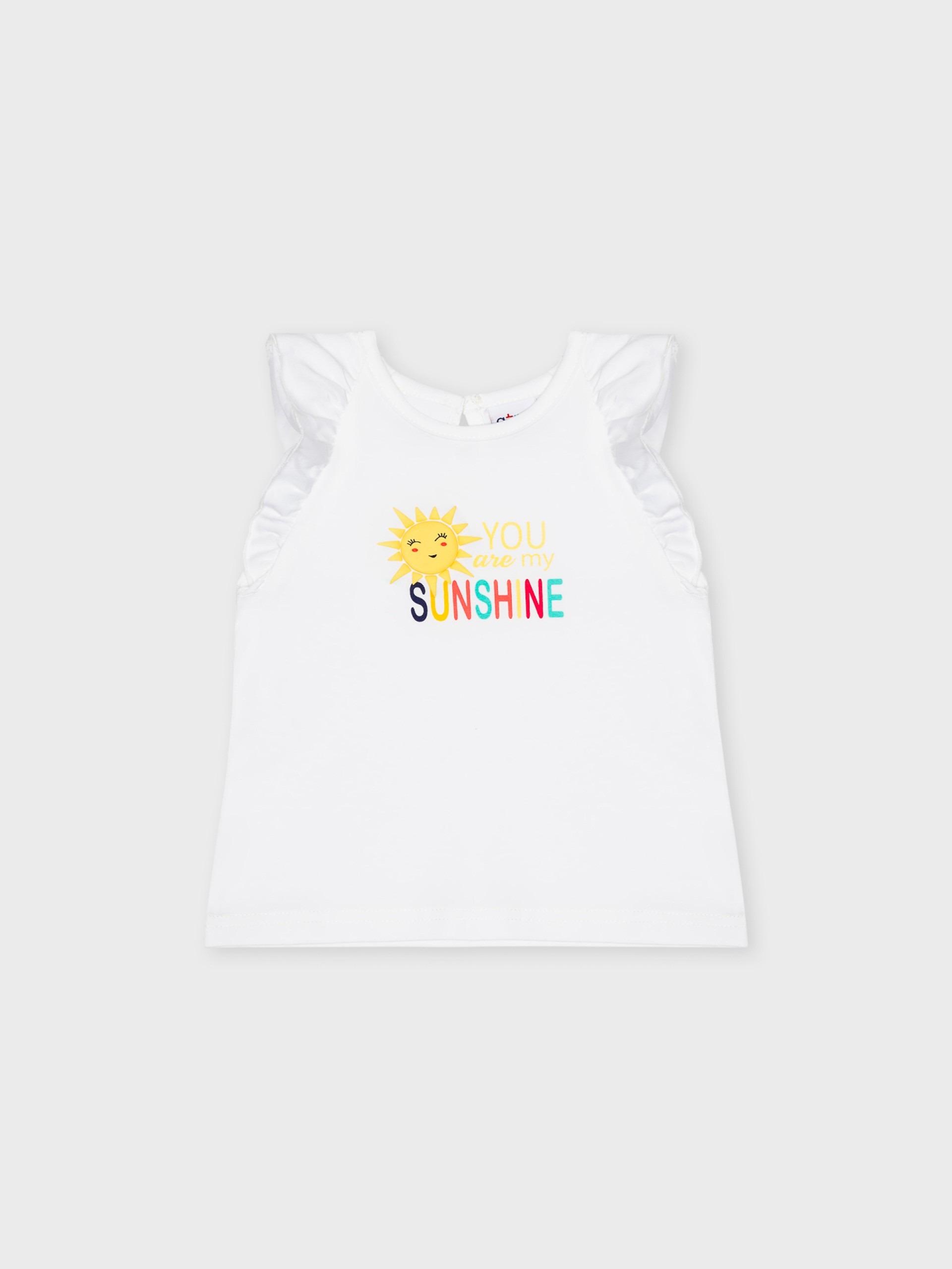 T-shirt blanc été, manches volantées, pour bébés filles, boutique de vêtements pour enfants à Saint Martin en Haut, dans les Monts du Lyonnais.