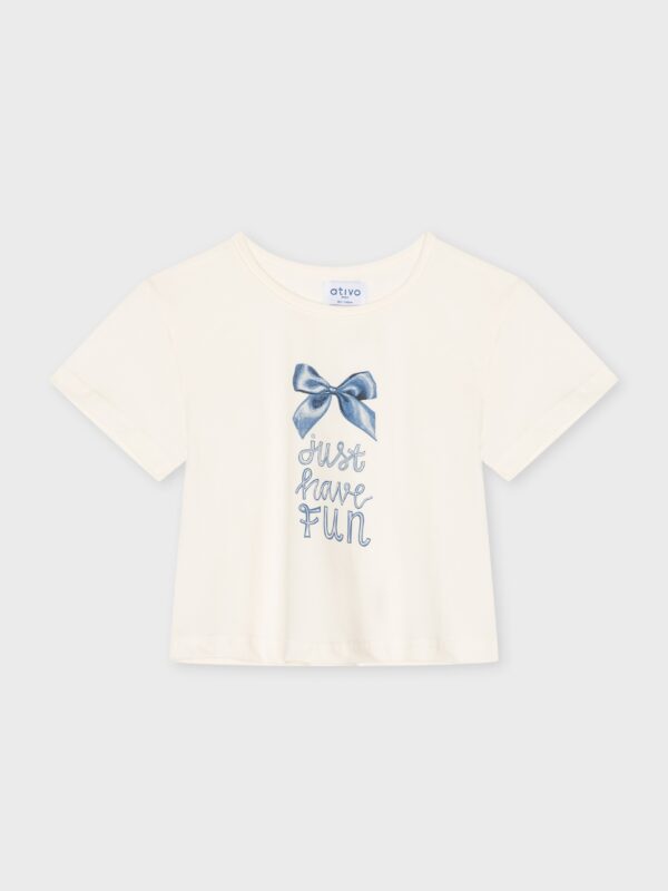 Crop-top crème avec motif nœud, pour filles et ados, boutique de vêtements pour enfants à Saint Martin en Haut, dans les Monts du Lyonnais