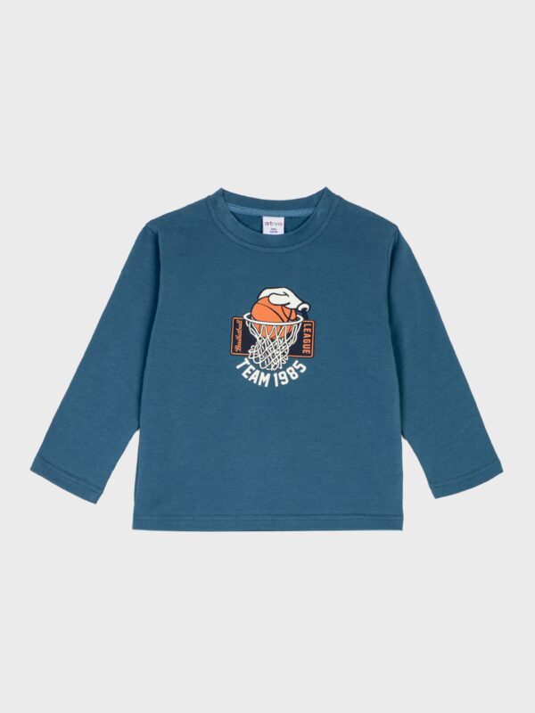 Pull fin bleu avec motif panier de basket, pour bébés garçons, boutique de vêtements pour enfants à Saint Martin en Haut, dans les Monts du Lyonnais.