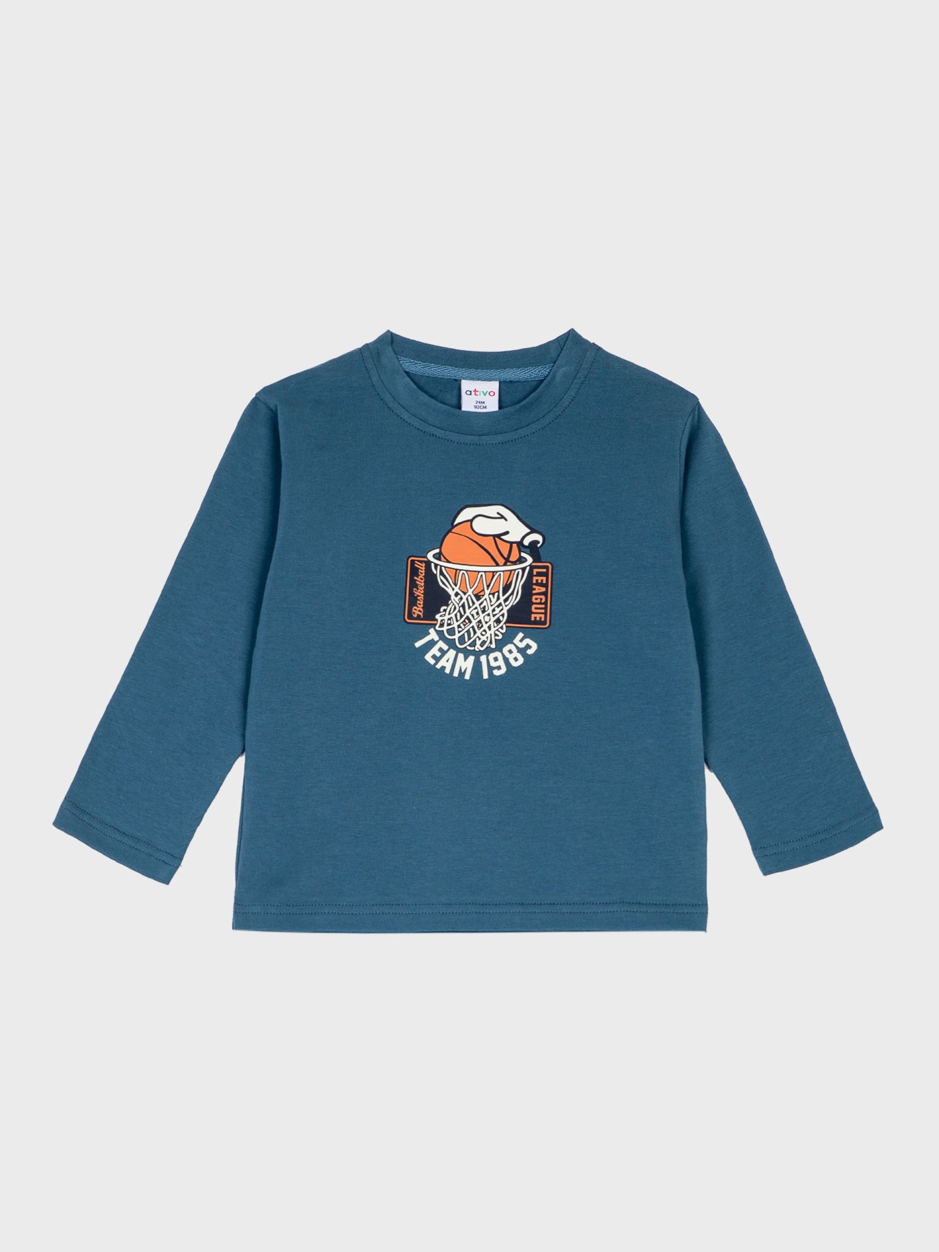 Pull fin bleu avec motif panier de basket, pour bébés garçons, boutique de vêtements pour enfants à Saint Martin en Haut, dans les Monts du Lyonnais.