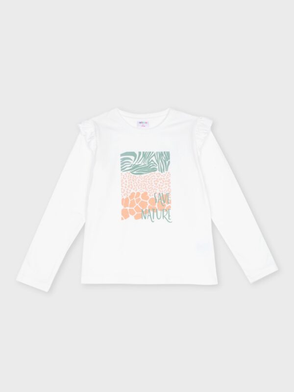 Pull fin blanc, motif nature, pour filles et ados, boutique de vêtements pour enfants à Saint Martin en Haut, dans les Monts du Lyonnais.
