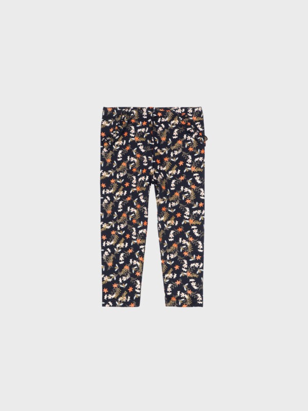 Legging marine avec motifs fleurs oranges et beiges, pour bébés filles, boutique de vêtements pour enfants à Saint Martin en Haut, dans les Monts du Lyonnais