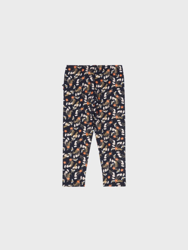 Legging marine avec motifs fleurs oranges et beiges, pour bébés filles, boutique de vêtements pour enfants à Saint Martin en Haut, dans les Monts du Lyonnais