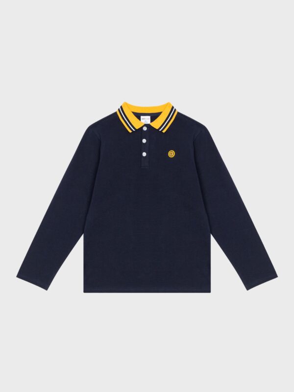 Polo marine et col jaune, manches longues, pour garçons et ados, boutique de vêtements pour enfants à St Martin en Haut, dans les Monts du Lyonnais.