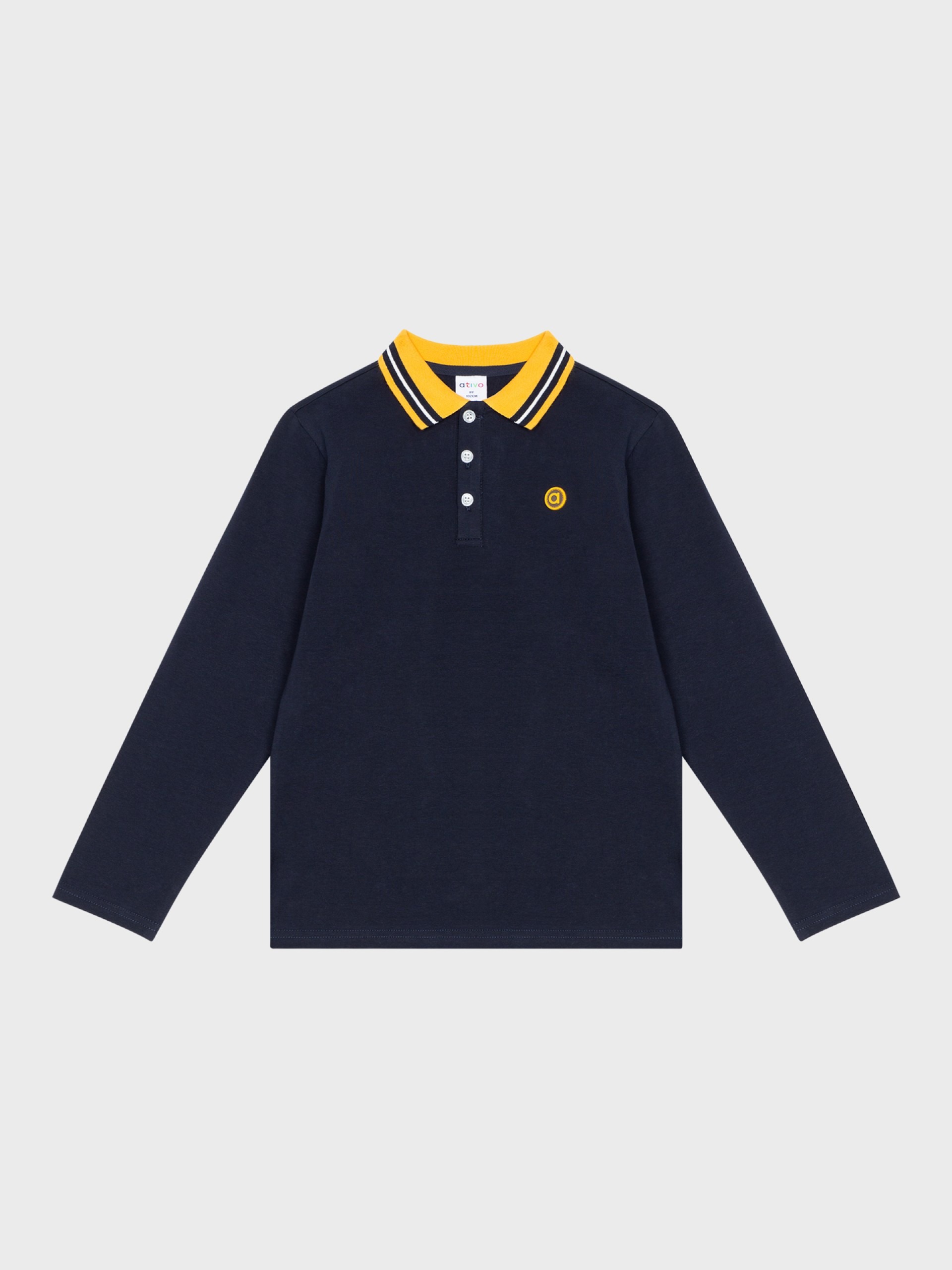 Polo marine et col jaune, manches longues, pour garçons et ados, boutique de vêtements pour enfants à St Martin en Haut, dans les Monts du Lyonnais.