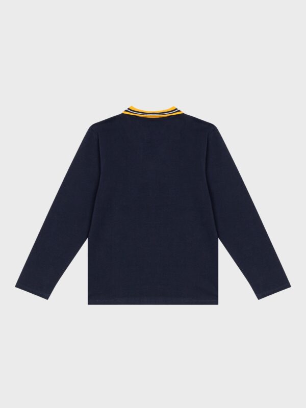 Polo marine et col jaune, manches longues, pour garçons et ados, boutique de vêtements pour enfants à St Martin en Haut, dans les Monts du Lyonnais.