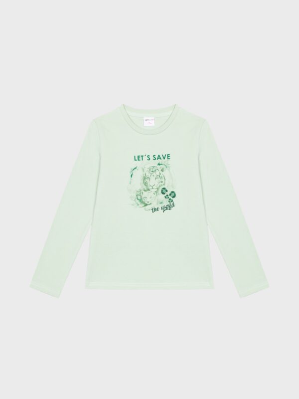 Pull fin vert clair avec motifs de tigres, pour filles et ados, boutique de vêtements pour enfants à Saint Martin en Haut, dans les Monts du Lyonnais.