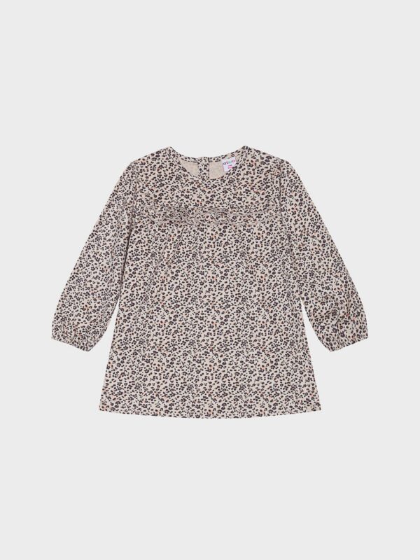 Robe beige avec fleurs marrons, manches longues, pour bébés filles, boutique de vêtements pour enfants à Saint Martin en Haut, dans les Monts du Lyonnais.