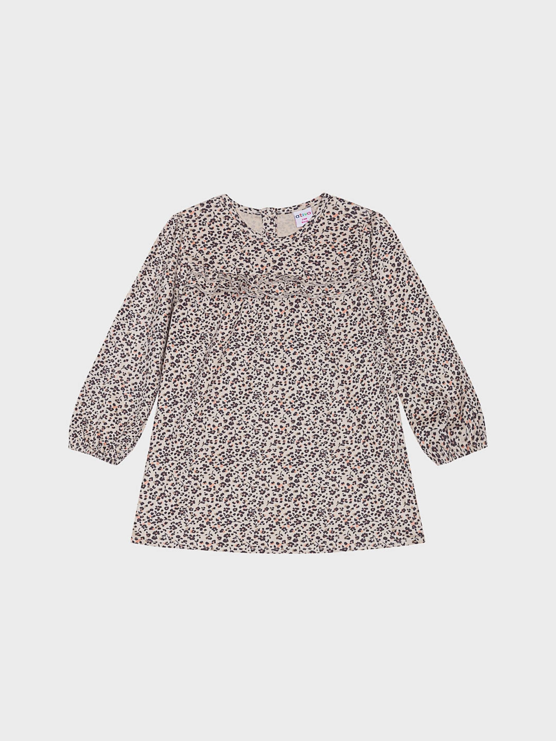 Robe beige avec fleurs marrons, manches longues, pour bébés filles, boutique de vêtements pour enfants à Saint Martin en Haut, dans les Monts du Lyonnais.