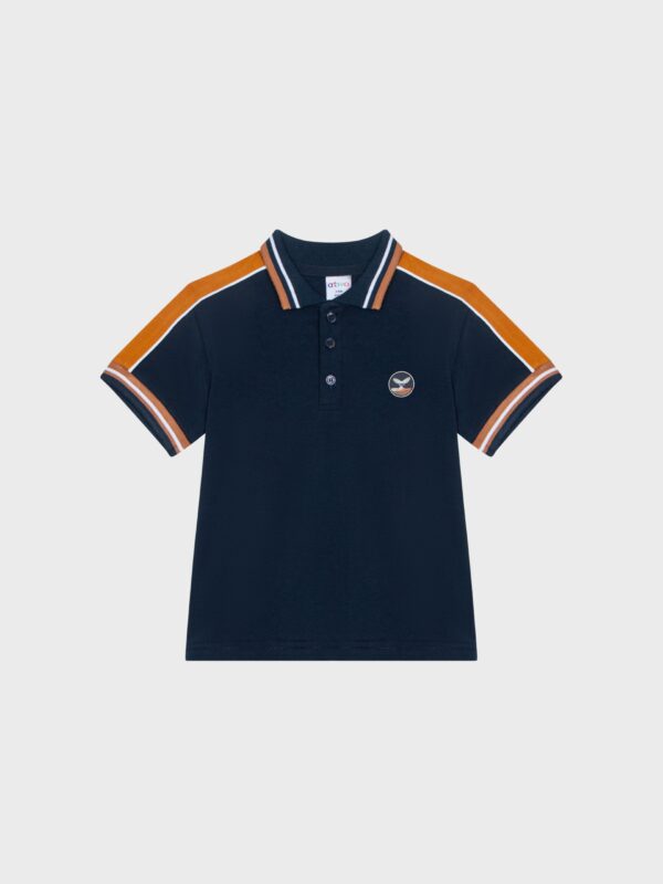 Polo manches courtes marine, marron et rayures blanches, pour bébés garçons, boutique de vêtements pour enfants à Saint Martin en Haut, dans les Monts du Lyonnais