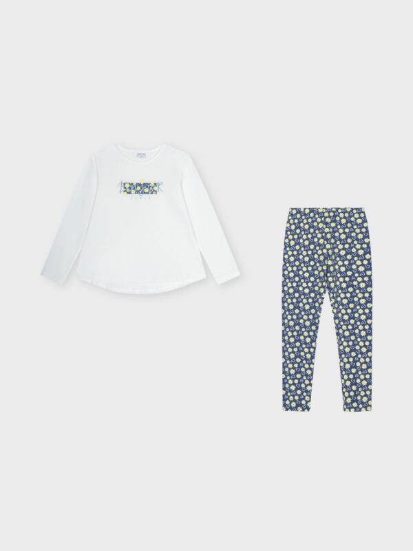 Ensemble pull fin blanc et legging marine à fleurs jaunes et cœurs, pour filles et ados, boutique de vêtements pour enfants à Saint Martin en Haut, dans les Monts du Lyonnais.