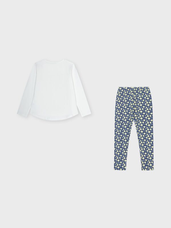Ensemble pull fin blanc et legging marine à fleurs jaunes et cœurs, pour filles et ados, boutique de vêtements pour enfants à Saint Martin en Haut, dans les Monts du Lyonnais.