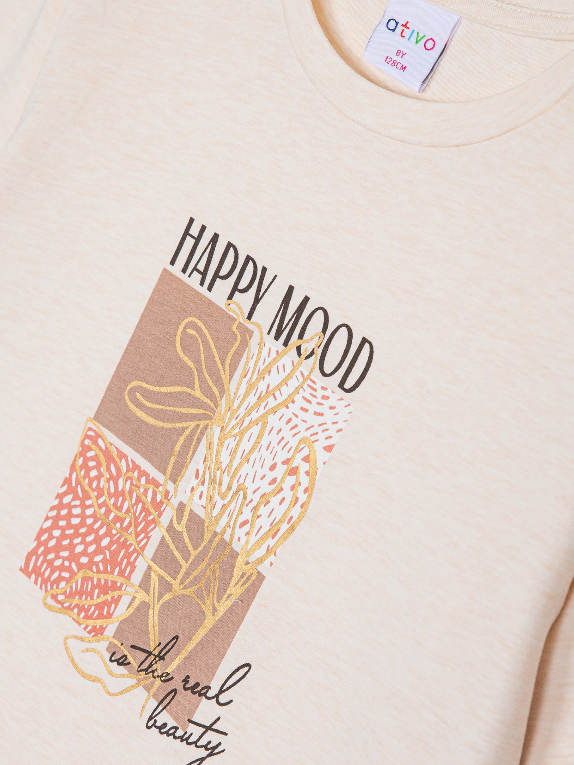pull fin beige aux nuances pastels avec écriture happy mood, boutique de vêtements pour enfants à saint martin en haut dans les monts du lyonnais